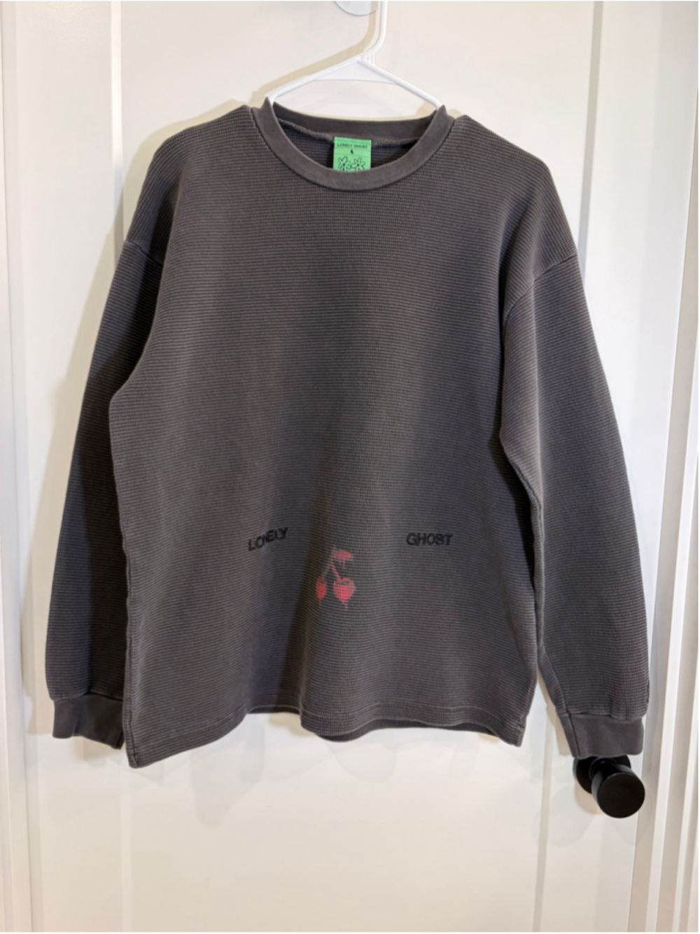 LONELY GHOST Custom Bleach Painted Cherries Thermal Long Sleeve Shirt Charcoal L